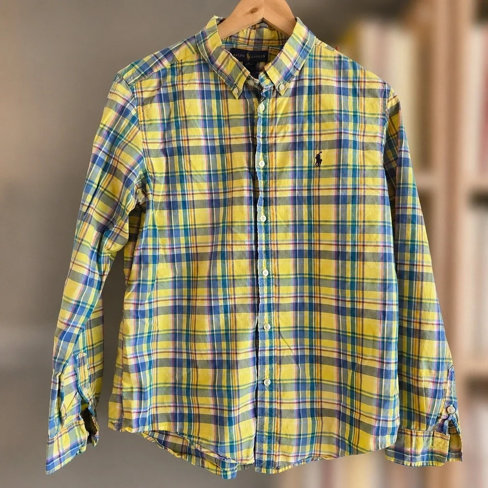 Ralph Lauren Boys XL 18-20 Yellow Blue Plaid Button Down‎ Long Sleeve Shirt